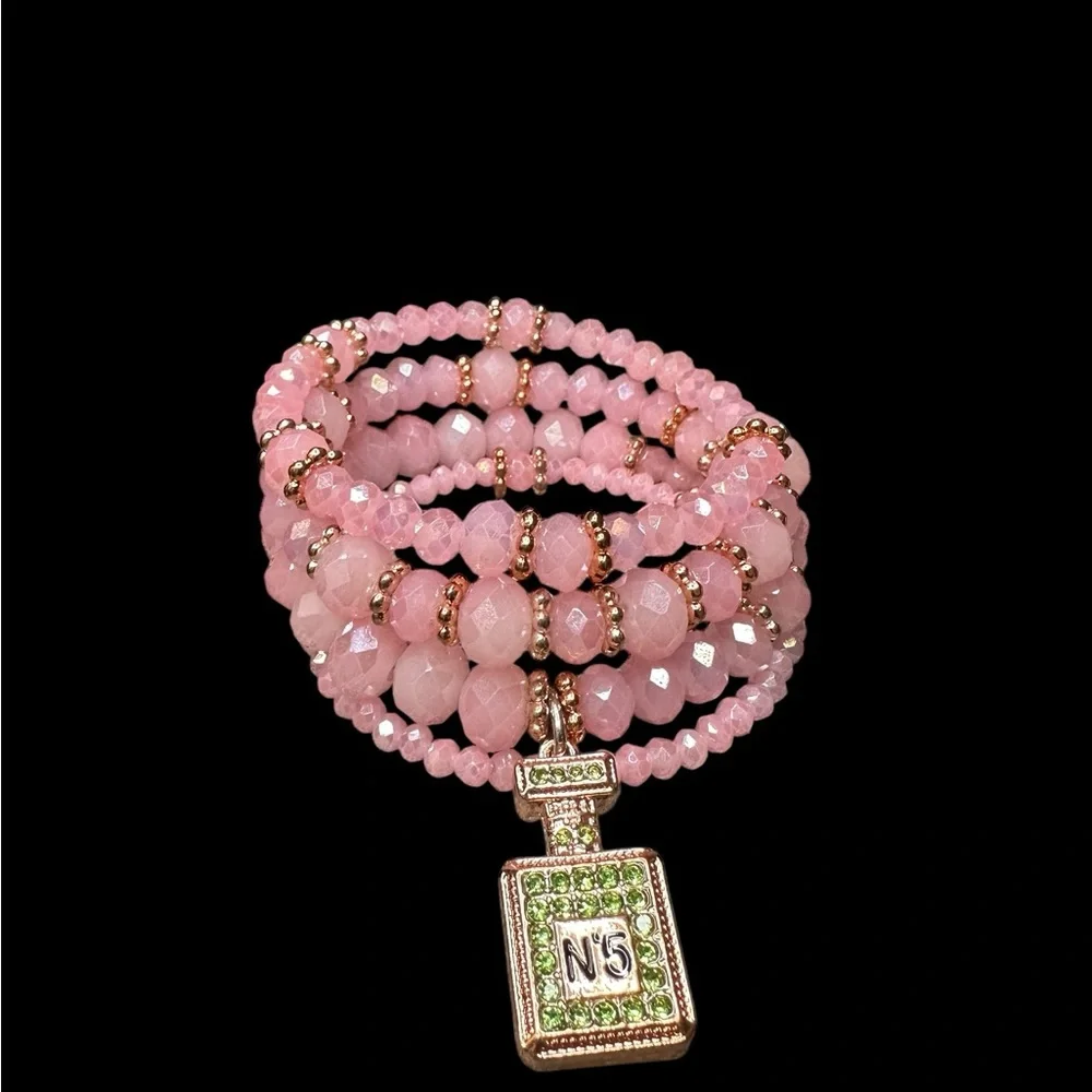 Pink Beaded Memory Bracelet with Perfume Bottle Charm - Picture 2 of 10